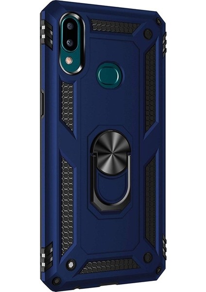 Samsung Galaxy A10s Kılıf Çift Katman Zırh Koruma Yüzüklü Vega + Nano Ekran Koruyucu Lacivert