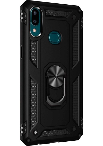 Samsung Galaxy A10s Kılıf Çift Katman Zırh Koruma Yüzüklü Vega + Nano Ekran Koruyucu Siyah