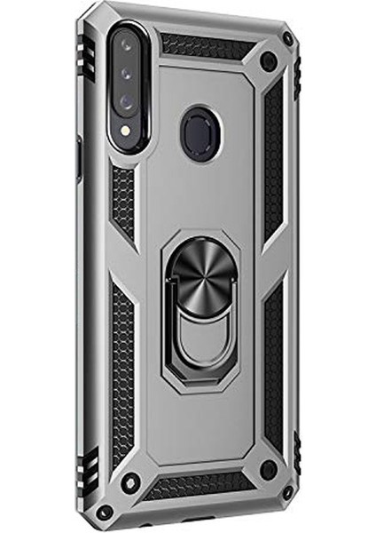 Samsung Galaxy A20s Kılıf Çift Katman Zırh Koruma Yüzüklü Vega + Nano Ekran Koruyucu Gümüş