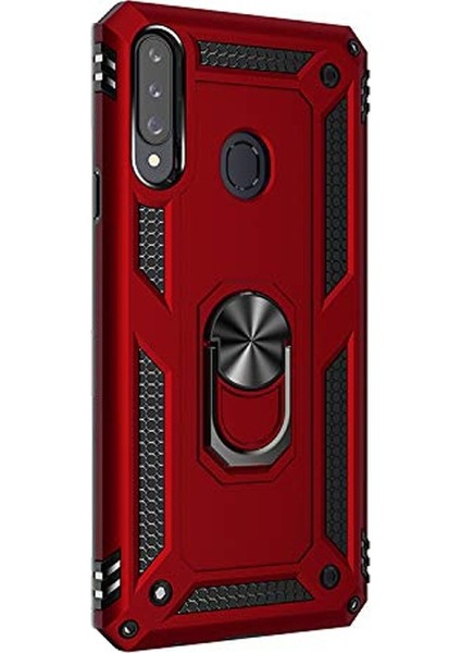 Samsung Galaxy A20s Kılıf Çift Katman Zırh Koruma Yüzüklü Vega + Nano Ekran Koruyucu Kırmızı