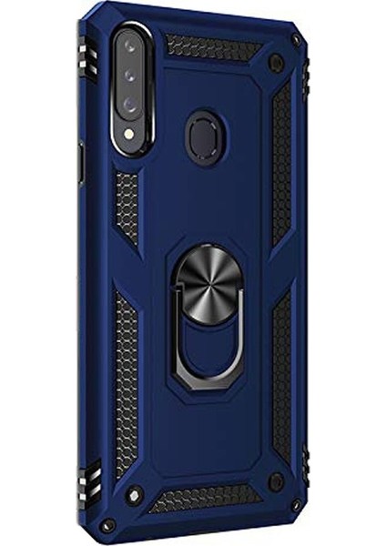 Samsung Galaxy A20s Kılıf Çift Katman Zırh Koruma Yüzüklü Vega + Nano Ekran Koruyucu Lacivert
