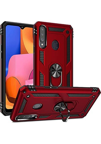 Samsung Galaxy A20s Kılıf Çift Katman Zırh Koruma Yüzüklü Vega + Nano Ekran Koruyucu Lacivert modelleri