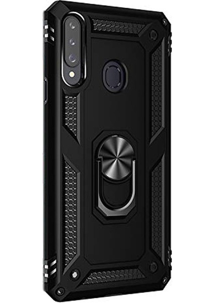 Samsung Galaxy A20s Kılıf Çift Katman Zırh Koruma Yüzüklü Vega + Nano Ekran Koruyucu Siyah