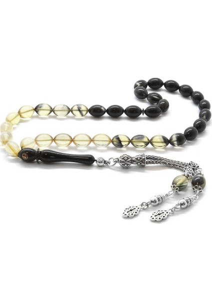 925 Ayar Gümüş Püsküllü Arpa Kesim Süzme Ateş Sıkma Kehribar Tesbih