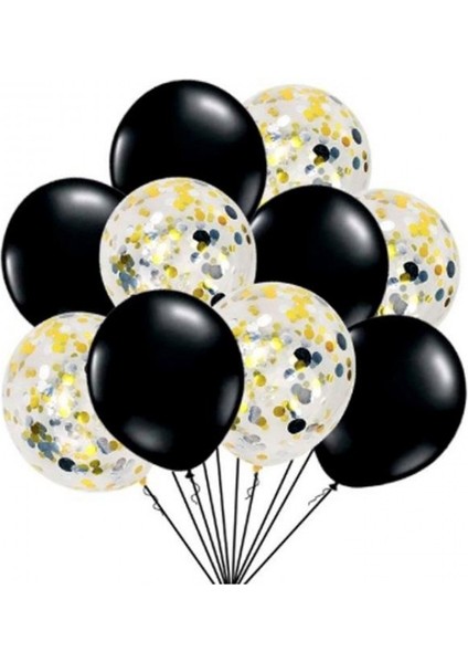 10 'lu Siyah Balon Gold Konfetili Set