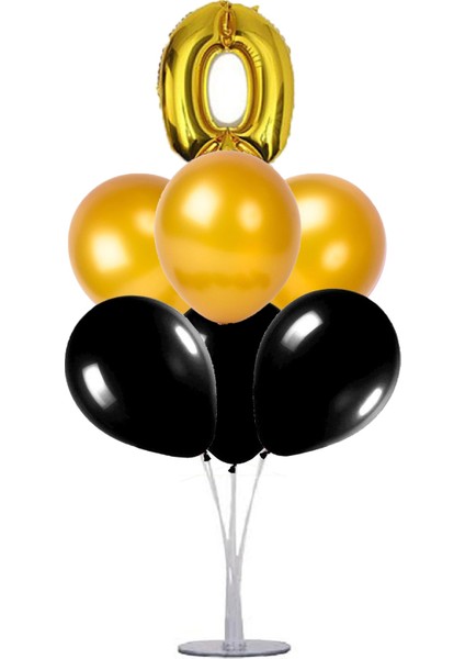 7 'li Balon Stand Demeti 0 Rakam Gold Siyah Balon