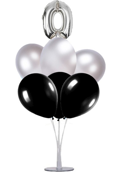 7 'li Balon Stand Demeti 0 Rakam Gümüş Siyah Balon