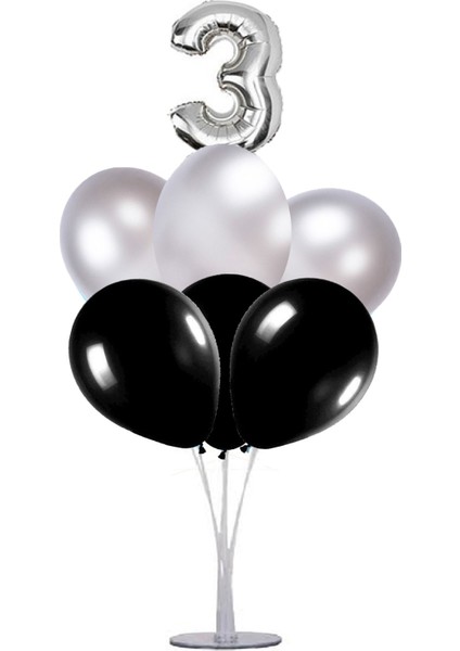 7 'li Balon Stand Demeti 3 Yaş Gümüş Siyah Balon