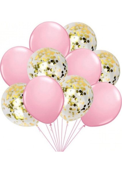 10 'lu Pembe Gold Konfetili Balon Seti