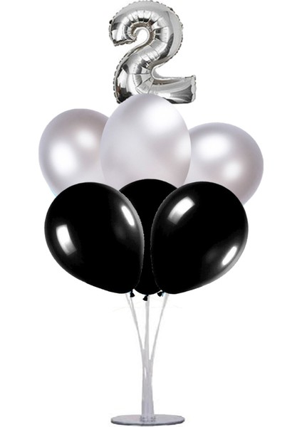 7 'li Balon Stand Demeti 2 Yaş Gümüş Siyah Balon