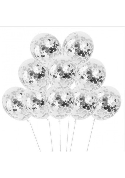 10 'lu Gümüş Konfetili Şeffaf Balon Seti