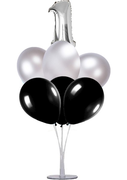 7 'li Balon Stand Demeti 1 Yaş Gümüş Siyah Balon