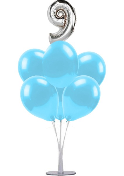 7 'li Balon Stand Demeti 9 Gümüş Mavi Balon