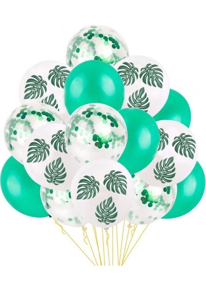 15 'li Yeşil Konfetili Yaprak Desenli Balon Seti
