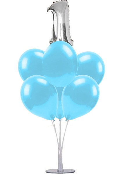 7 'li Balon Stand Demeti 1 Gümüş Mavi Balon