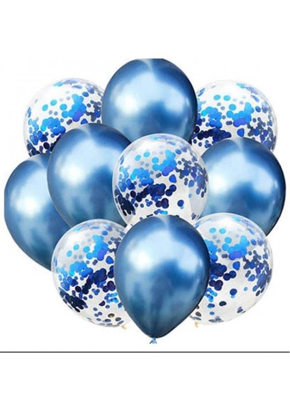 10 'lu Mavi Konfetili Krom Balon Seti