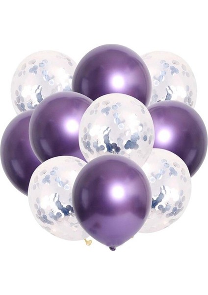 10 'lu Gümüş Konfetili Krom Mor Balon Seti