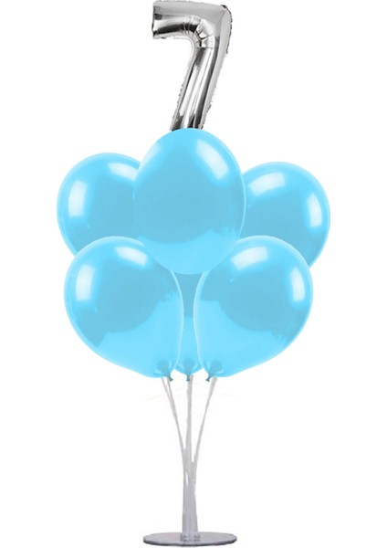 7 'li Balon Stand Demeti 7 Gümüş Mavi Balon