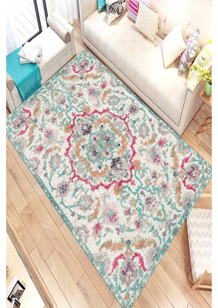 Kaymaz Taban Yıkanabilir Retro Paisley Tasarımlı Dijital Baskılı Halı