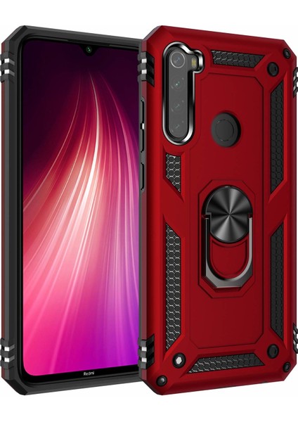 Xiaomi Redmi Note 8 Kılıf Yüzüklü Standlı Lüx Silikon + 5D Nano Tam Ekran Kırılmayan Esnek Cam - Kırmızı