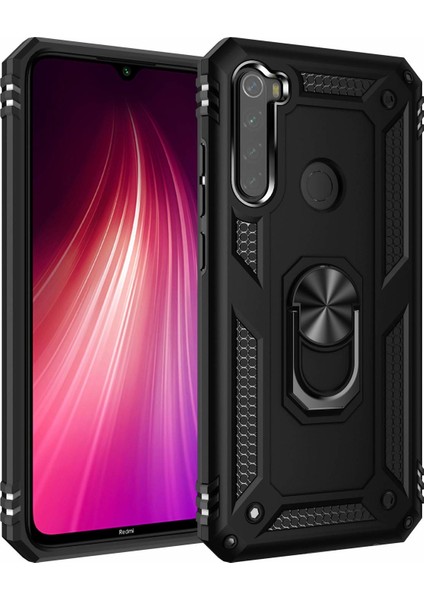 Xiaomi Redmi Note 8 Kılıf Yüzüklü Standlı Lüx Silikon + Kırılmayan Esnek Nano Cam - Siyah