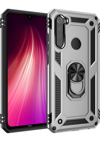 Xiaomi Redmi Note 8 Kılıf Yüzüklü Standlı Lüx Silikon + Kırılmaz Cam - Gümüş