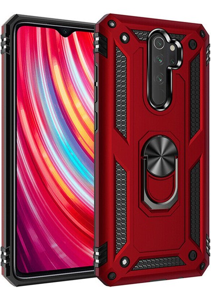 Xiaomi Redmi Note 8 Pro Kılıf Yüzüklü Standlı Lüx Silikon + 5D Nano Tam Ekran Kırılmayan Esnek Cam - Kırmızı