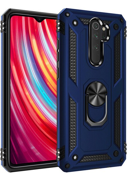 Xiaomi Redmi Note 8 Pro Kılıf Yüzüklü Standlı Lüx Silikon + 5D Nano Tam Ekran Kırılmayan Esnek Cam - Lacivert