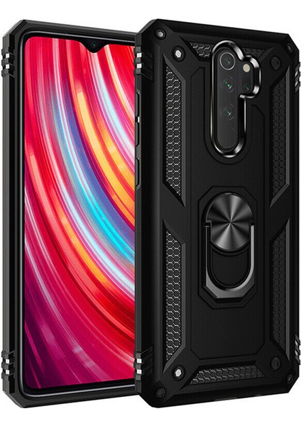 Xiaomi Redmi Note 8 Pro Kılıf Yüzüklü Standlı Lüx Silikon + 5D Nano Tam Ekran Kırılmayan Esnek Cam - Siyah