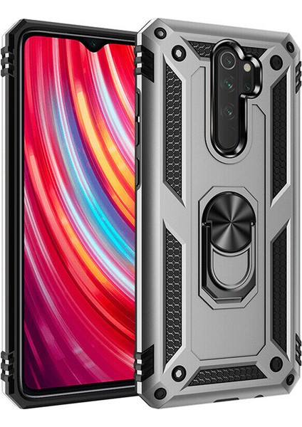Xiaomi Redmi Note 8 Pro Kılıf Yüzüklü Standlı Lüx Silikon + 5D Nano Tam Ekran Koruyucu Gümüş