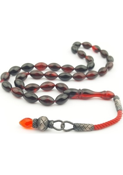 Kazaz Püsküllü Koyu Kırmızı Hareli Sıkma Kehribar 1000 Ayar Gümüş Tesbih