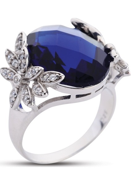 Çiçek Bahçesi Mavi Taşlı Beyaz Yüzük - Gms179