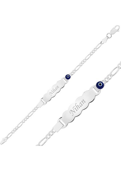 Br0460603 Gümüş Mavi Boncuklu Plaka Çocuk Bileklik