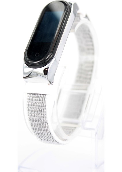 Xiaomi Mi Band 4 - Mi Band 3 Metal Çerçeveli Cırtlı Hasır Desenli Renkli Kordon Gri