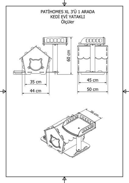 Pati Homes Pro 3'ü 1 Arada Kedi Evi Yataklı Gri