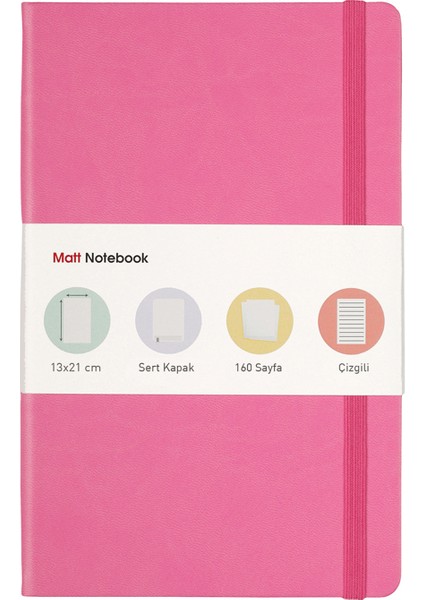 Matt Notebook Lastikli Defter Çizgili 13 x 21 cm Pembe