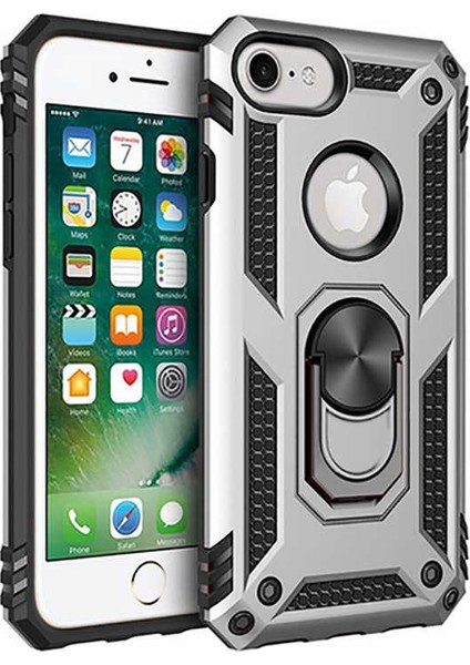 iPhone 7 Plus Kılıf Vega Yüzüklü Araç İçi Mıknatıslı Yeni Nesil Tam Koruma Kılıf - Gri