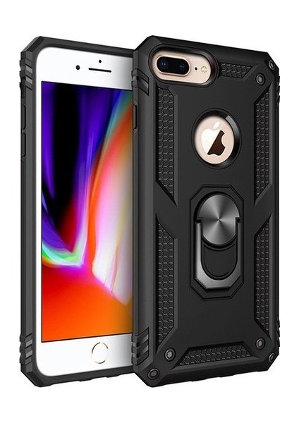 iPhone 7 Plus Kılıf Vega Yüzüklü Araç İçi Mıknatıslı Yeni Nesil Tam Koruma Kılıf - Siyah