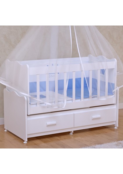 Elegant Beşik + Yatak + Uyku Seti Kombini Taçlı Mavi