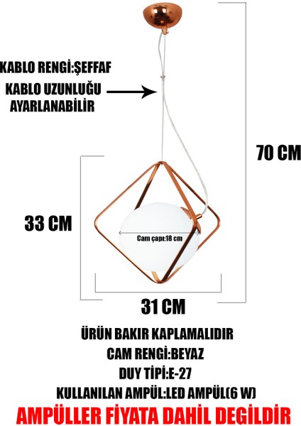 Ares Tekli Bakır Sarkıt Avize Camlı