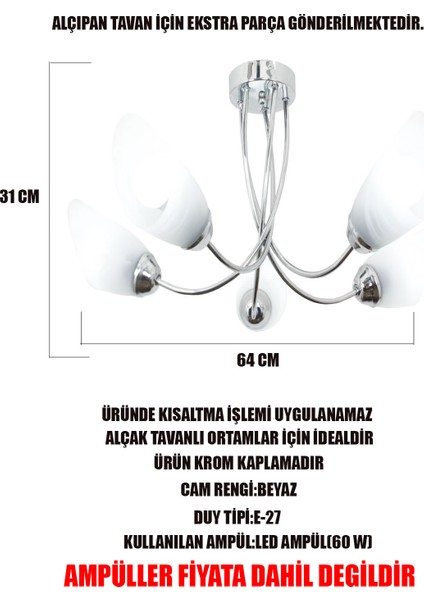 Milano 5'li Krom Kollu Avize Camlı