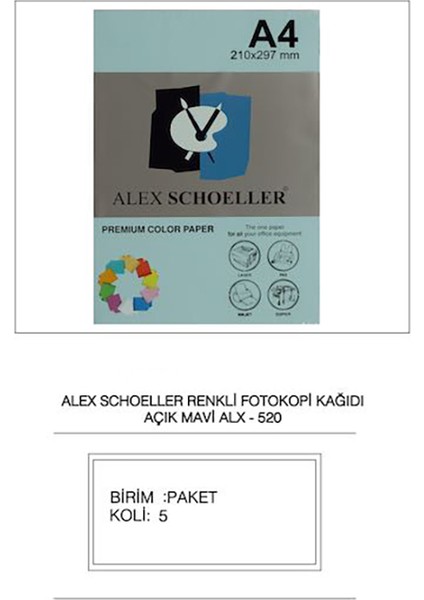 Alex Schoeller A4 Fotokopi Kağıdı 500'lü Açık Mavi 520 ( Koli 5 Paket )