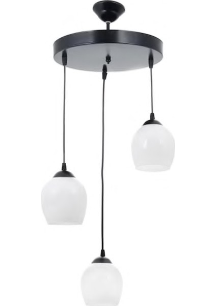 Üçlü Metal Siyah Gövde Opal Camlı Avize Çap 30 cm