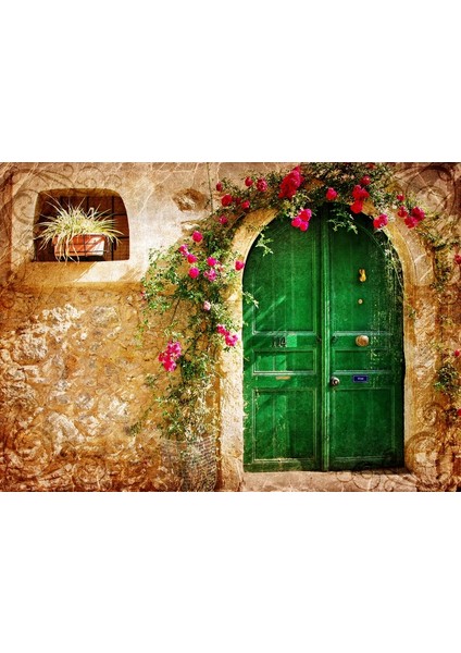 Çiçekli Yeşil Kapı Fotoğraf Kanvas Tablo
