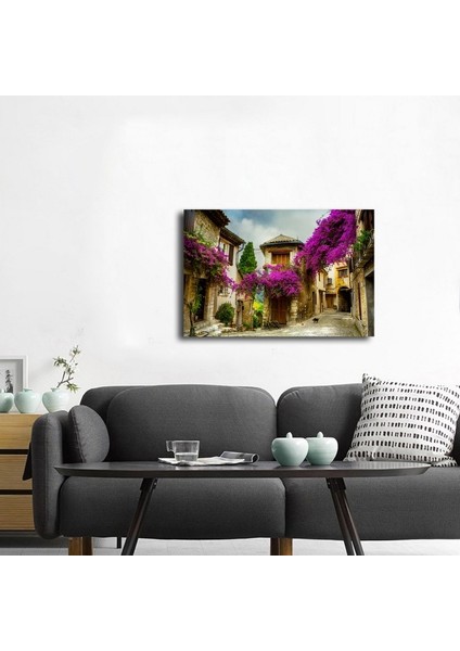 Erguvan Çiçekli Taş Evler Evler Fotoğraf Kanvas Tablo