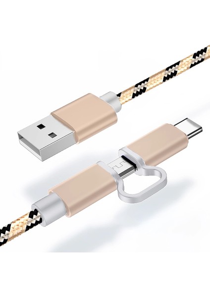 Micro USB / Type-C 2in1 Örgü Metal Şarj Kablosu 1.2 mt