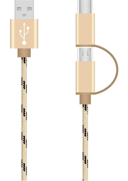 Micro USB / Type-C 2in1 Örgü Metal Şarj Kablosu 1.2 mt