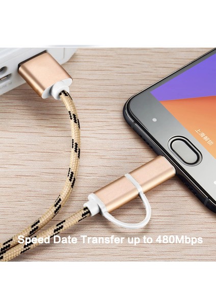 Micro USB / Type-C 2in1 Örgü Metal Şarj Kablosu 1.2 mt