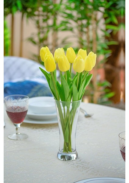 Fransız Style Şeffaf Vazoda 10'lu Sarı Islak Lale Yapay Çiçek