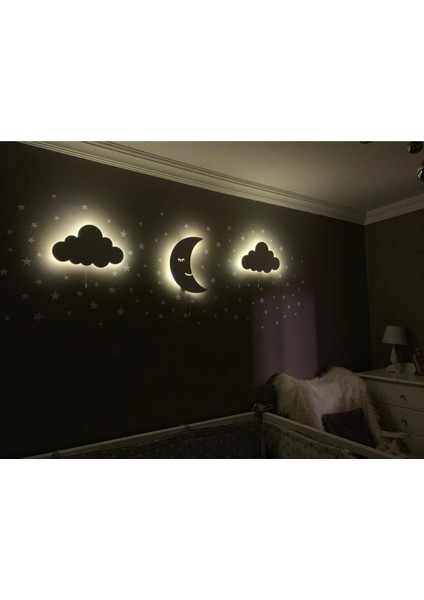 Iki Bulut Bir Aydede Ahşap Duvar Aydınlatma Seti + 100 Gri Yıldız Sticker Hediyeli